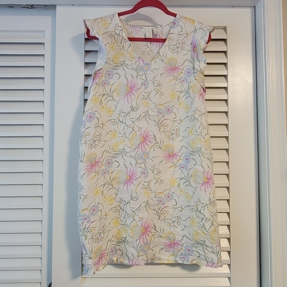 Joie Floral 100% linen Ruffle cap sleeve dress. - Picture 1 of 12